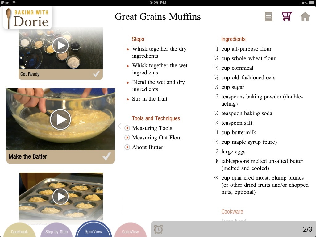 Screen shot of Baking with Dorie iPad app with Great Grains muffins recipe.
